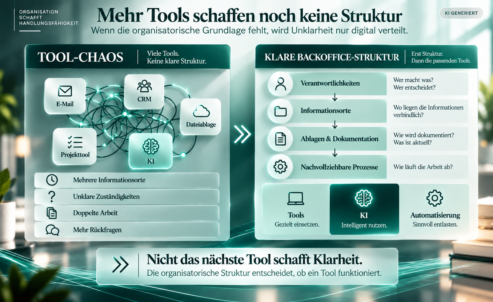 Vergleich von Tool-Chaos und klarer Backoffice-Struktur mit Verantwortlichkeiten, Informationsorten, Dokumentation und nachvollziehbaren Prozessen.