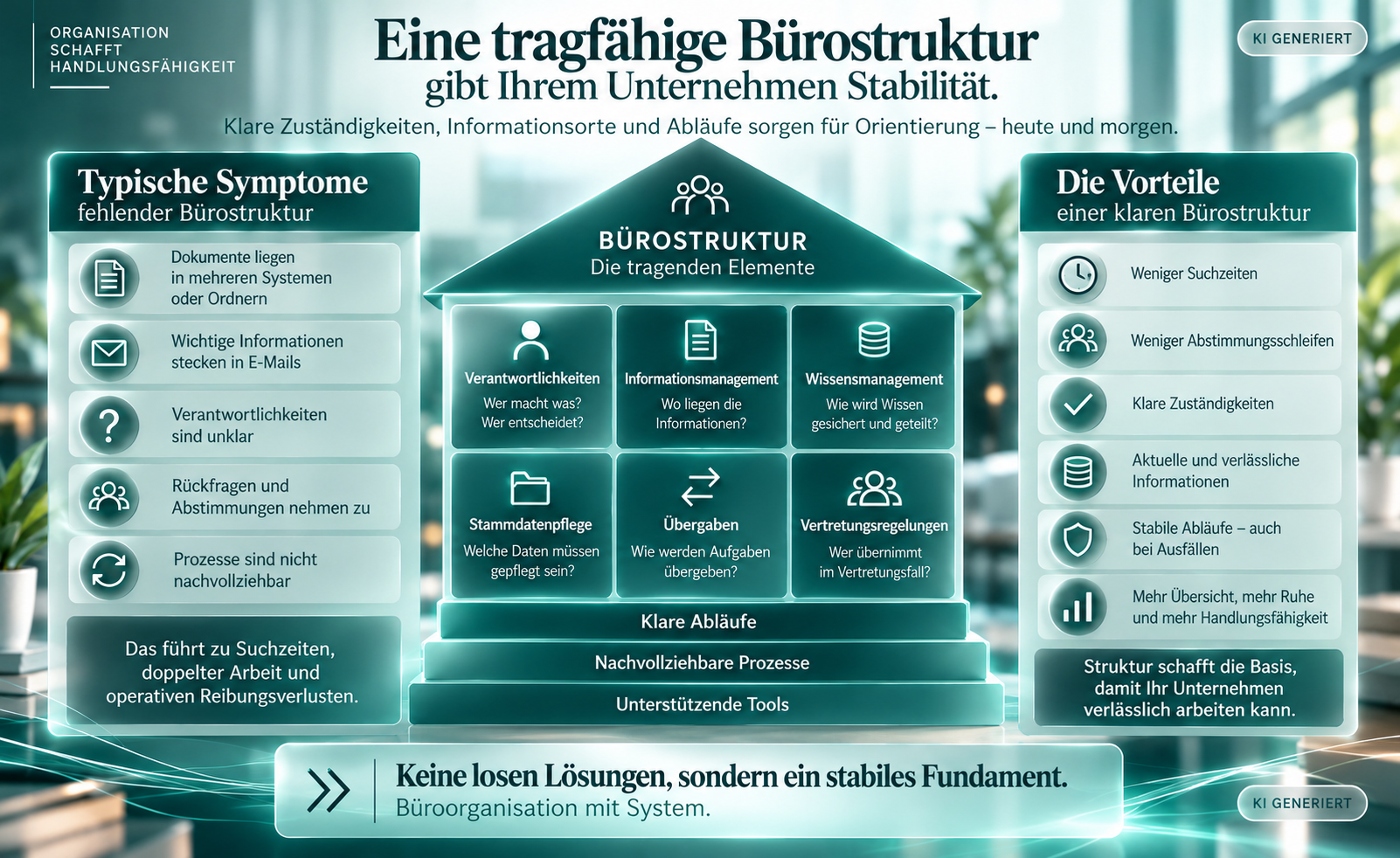 Darstellung einer tragfähigen Bürostruktur mit Verantwortlichkeiten, Informationsmanagement, Wissensmanagement, Stammdatenpflege, Übergaben und Vertretungsregelungen.