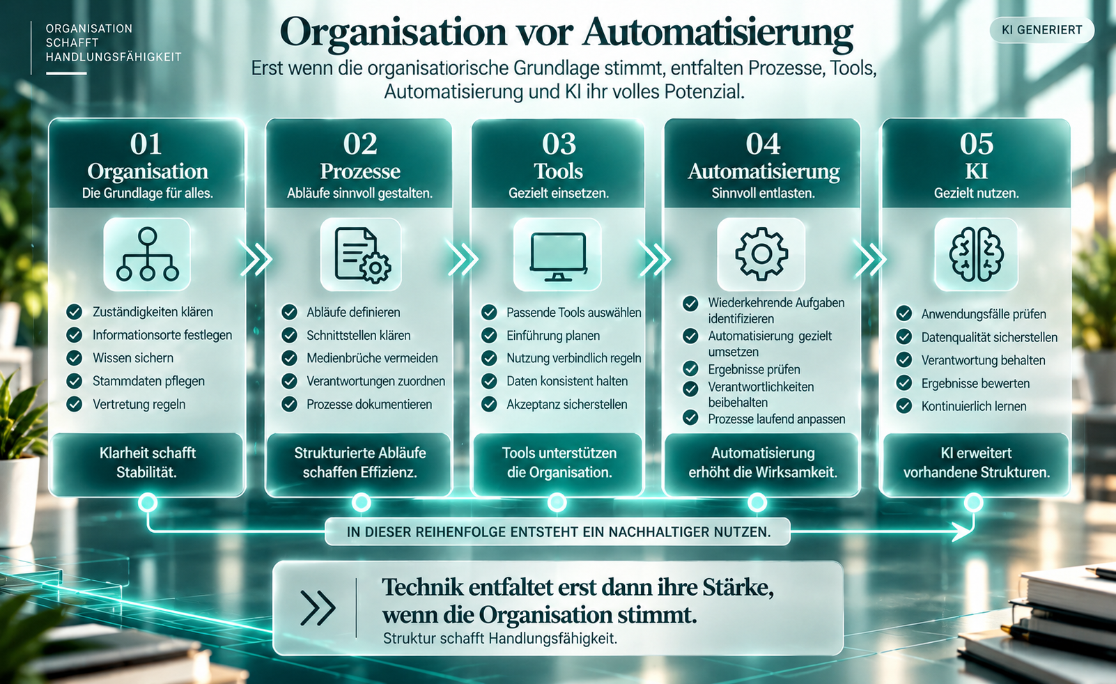 Reihenfolge von Organisation über Prozesse und Tools bis zu Automatisierung und KI als Grundlage für nachhaltige organisatorische Entlastung.