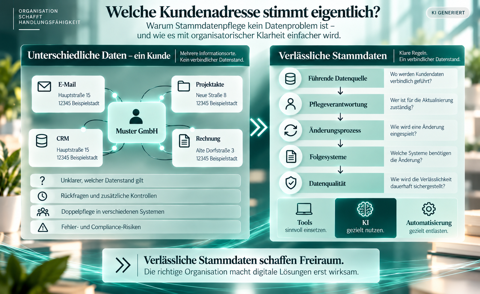 Widersprüchliche Kundenstammdaten: CRM, Projektakte, Rechnung und Kundenliste zeigen für denselben Kunden unterschiedliche Adressen.