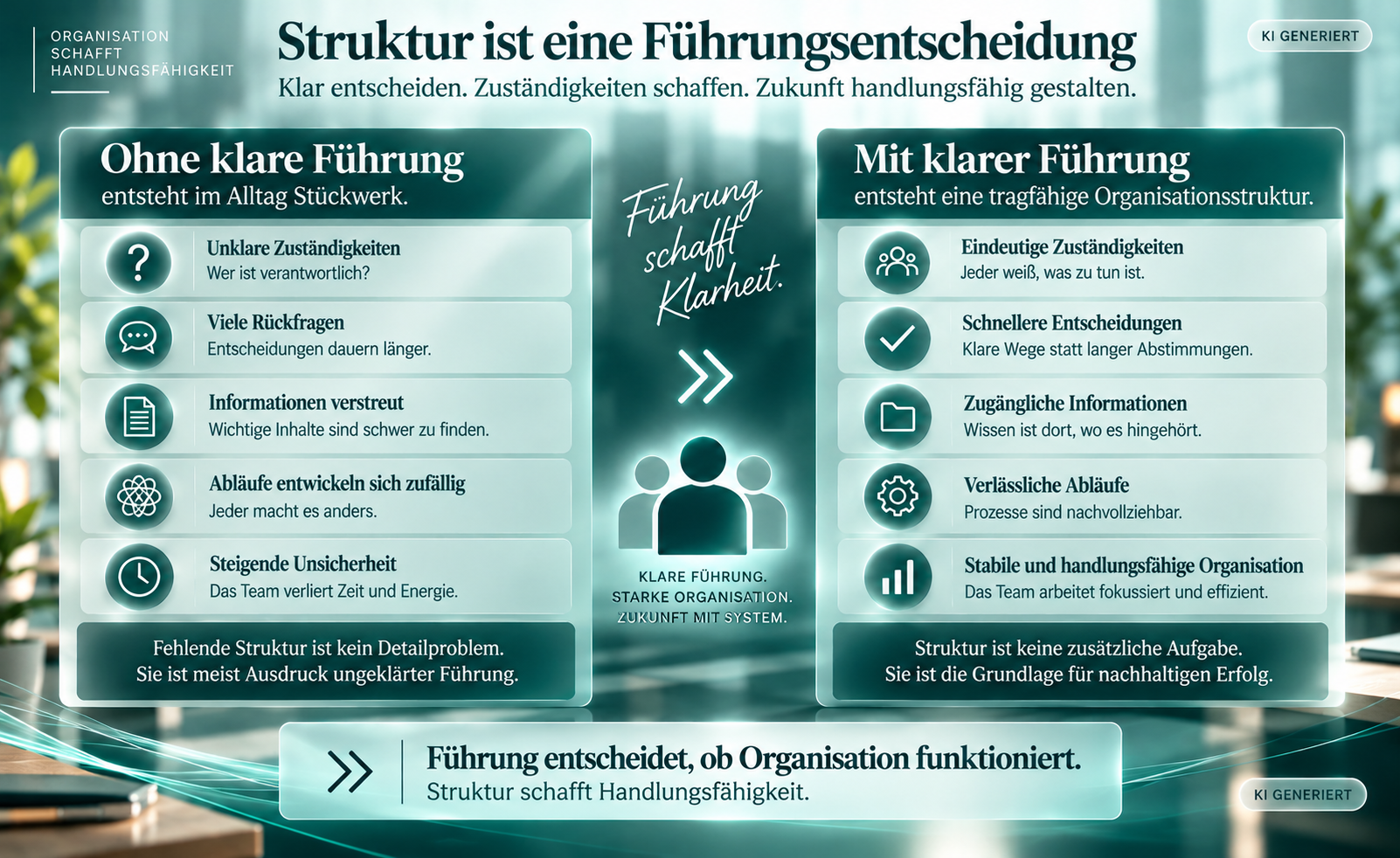 Gegenüberstellung von ungeklärter Führung und klarer Führung mit eindeutigen Zuständigkeiten, Entscheidungswegen, Informationen und verlässlichen Abläufen.