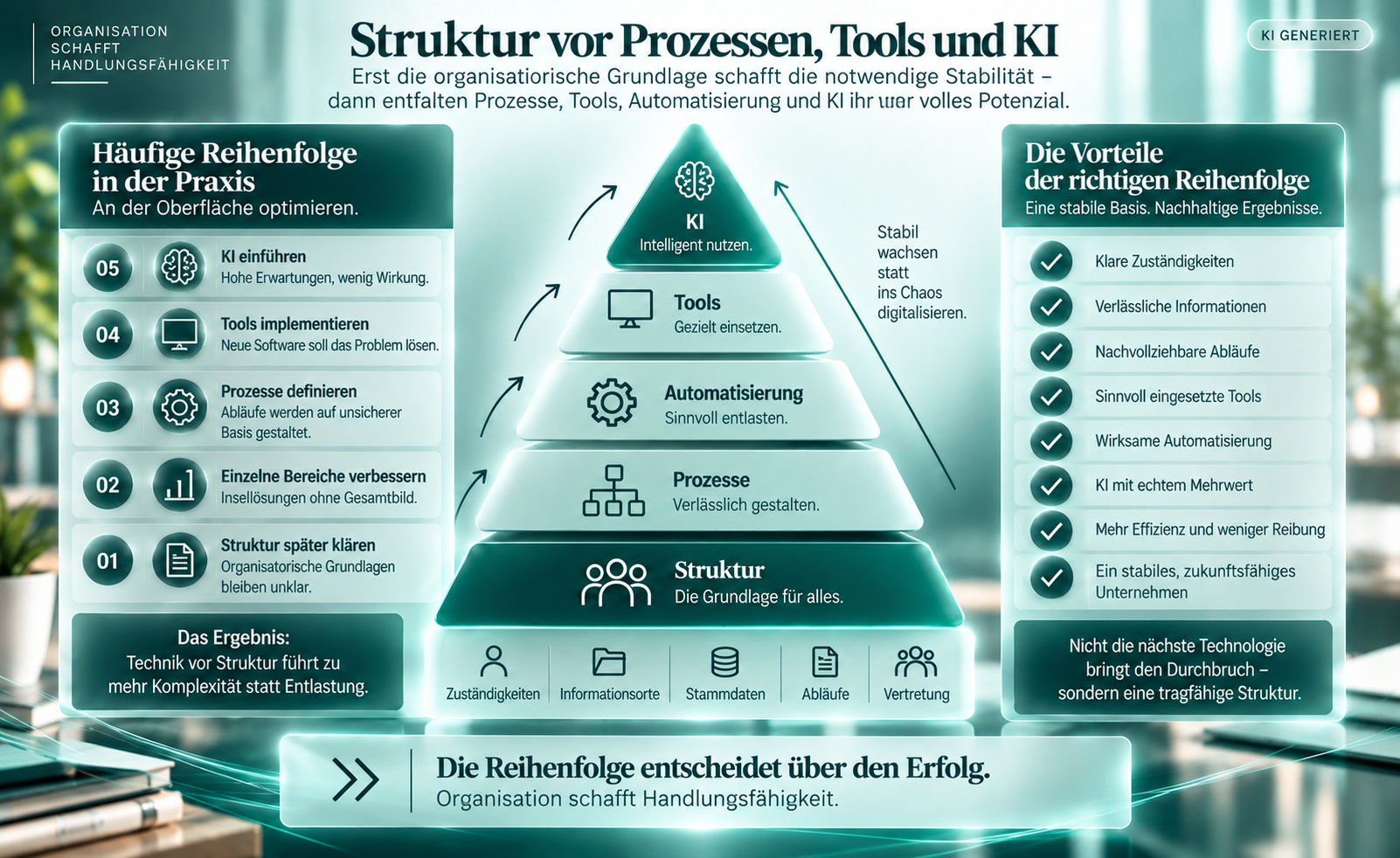Struktur als Fundament für Prozesse, Automatisierung, Tools und KI mit den organisatorischen Grundlagen Zuständigkeiten, Informationsorte, Stammdaten, Abläufe und Vertretung.