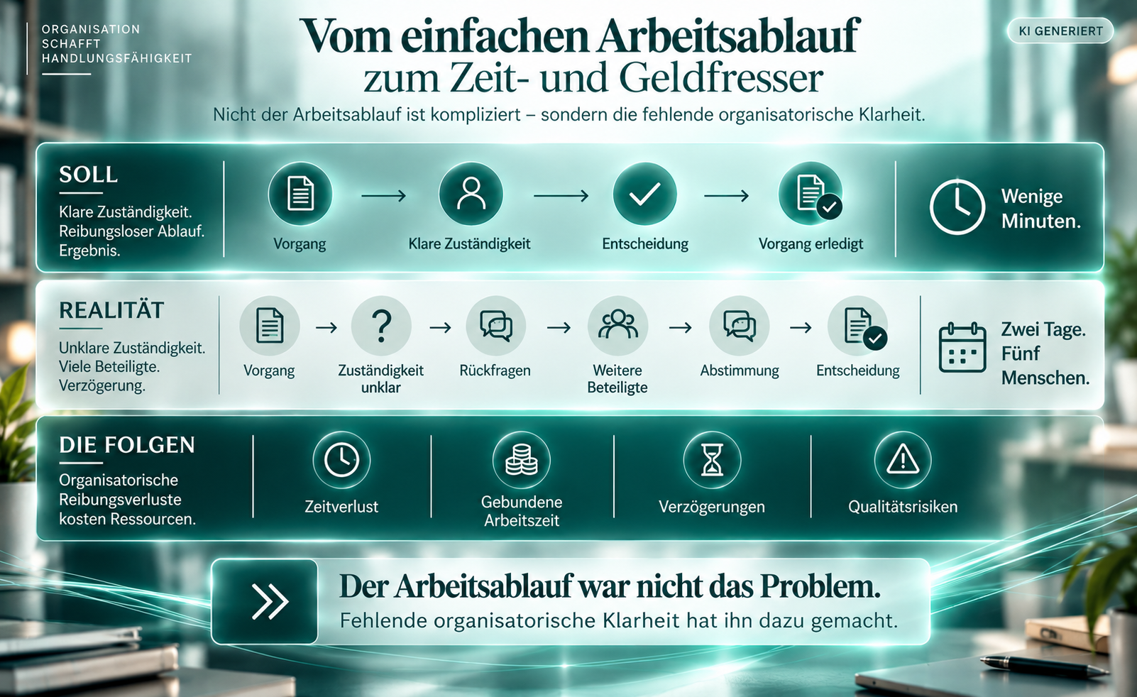 Schematische Darstellung eines einfachen Arbeitsablaufs im Vergleich zu einem durch unklare Zuständigkeiten verzögerten Vorgang mit Zeitverlust, gebundener Arbeitszeit, Verzögerungen und Qualitätsrisiken.