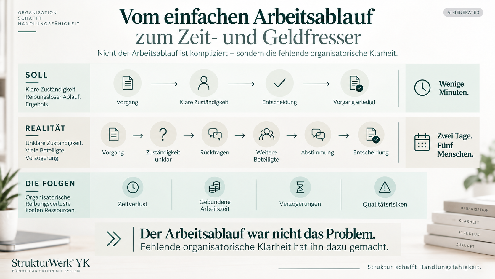 Schematische Darstellung eines einfachen Arbeitsablaufs im Vergleich zu einem durch unklare Zuständigkeiten verzögerten Vorgang mit Zeitverlust, gebundener Arbeitszeit, Verzögerungen und Qualitätsrisiken.